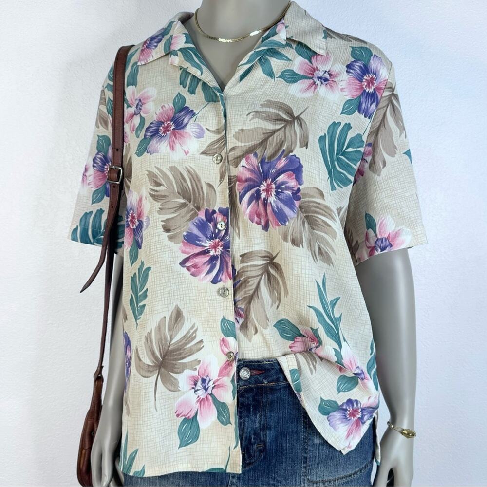 Vintage Hawaiian Inspired Button Up Shirt Floral Costal Cowgirl Vacation
